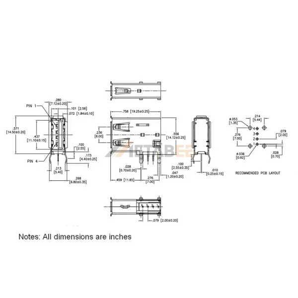 Vertical USB 2.0 Type A 4-Pin Female Connector, THM, Reverse Type