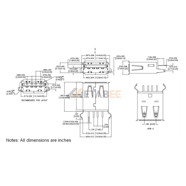 Vertical USB 2.0 Type A Female Connector, 4 Pin, PCB Thru-Hole