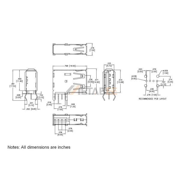Vertical USB 2.0 Type A Jack, 4 Pin, PCB Mount, THT
