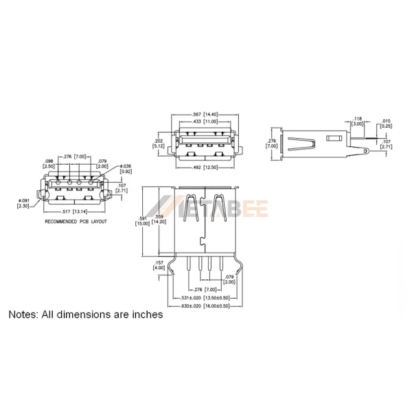 Vertical USB 2.0 Type A, Receptacle, 4 Pin, PCB Thru-Hole