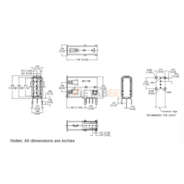 Vertical USB 2.0 Type A Receptacle, 4 Pin, Thru-Hole, Reverse Type