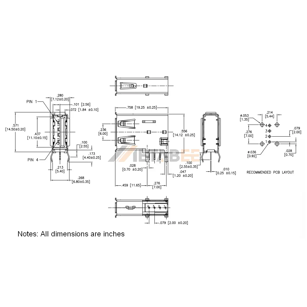 Vertical USB 2.0 Type A Socket, 4 Pin, PCB Thru-Hole