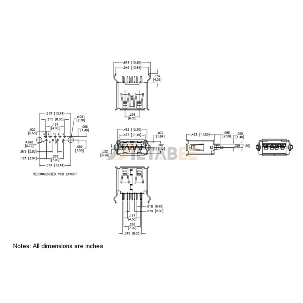 Vertical USB 3.0 Female Connector, Type A, 9 Pin, PCB Thru-Hole