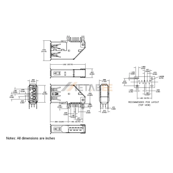 Vertical USB 3.0 Type A Jack, 9 Pin, PCB THM