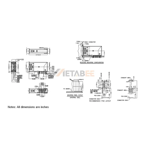 Vertical USB 3.0 Type A Socket, 9 Pin, PCB Thru-Hole