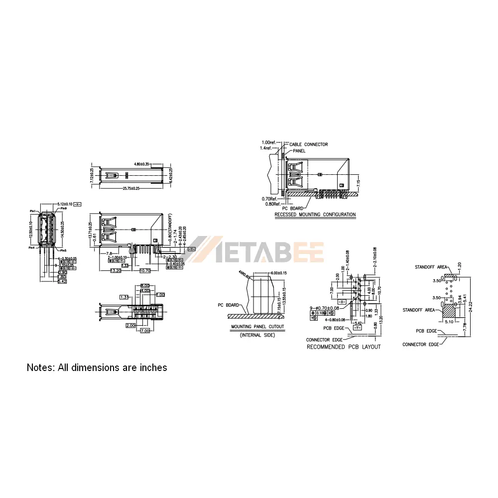 Vertical USB 3.0 Type A Socket, 9 Pin, PCB Thru-Hole
