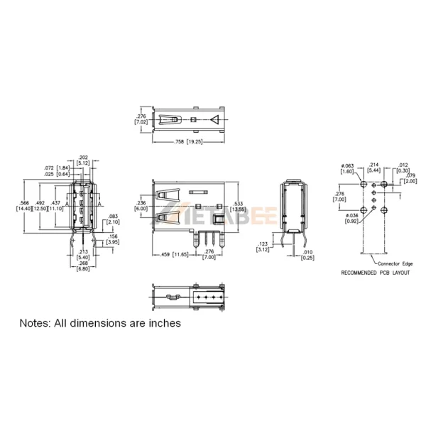 Vertical USB-A 2.0 Female Connector, 4 Pin, PCB Thru-Hole, Reverse Type