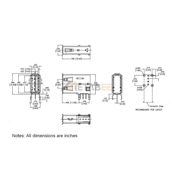 Vertical USB-A 2.0 Jack, 4 Pin, Thru-Hole, Reverse Type