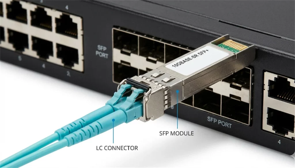 Close-up of a 10G SFP+ optical transceiver and aqua-colored OM3 fiber optic cable being connected to a high-speed switch.
