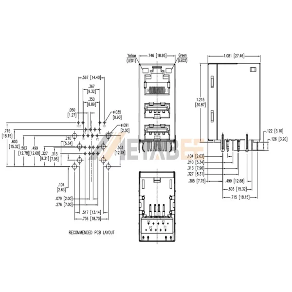 Shielded RJ45 USB Combo Integrated Jack with LEDs, Dual USB Port, USB-A 2.0, 10/100 Base-T, R/A, Yellow/Green