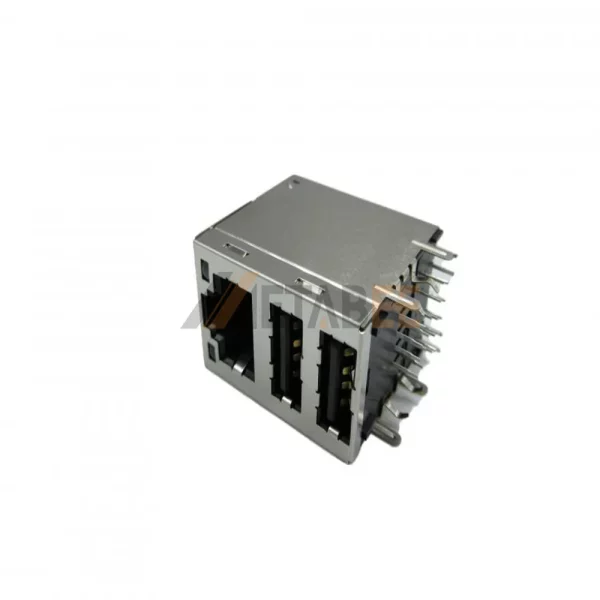 Stacked Dual USB and RJ45 Modular Jack without Magnetics, USB 2.0 Type-A, Shielded, R/A, Green/Yellow