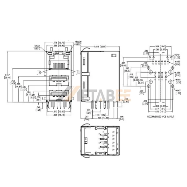 10/100 Base-T RJ45 Magjack and Dual USB Combo Connector, USB 2.0 Type-A, Shielded, R/A, Green/Yellow LED