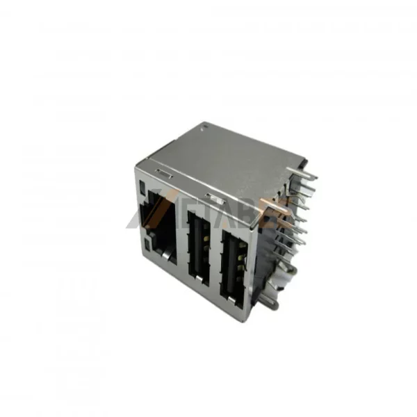 Stacked RJ45 Magnetics Jack with Dual Port USB Combo Connector, USB-A 2.0, 1G Base-T, Shielded, R/A, Green-Green/Yellow