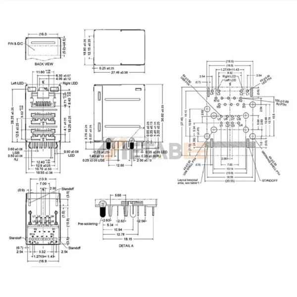 3X1 Multiport RJ45 Magjack and Dual USB-A 2.0 Combo Jack, 1G Base-T, Shielded, R/A, Green-Yellow/Green
