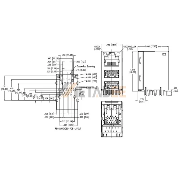 1000 Base-T RJ45 USB Connector Combo Jack with Transformer, Dual USB Port, Type-A 2.0, STP, R/A, Green-Green/Yellow