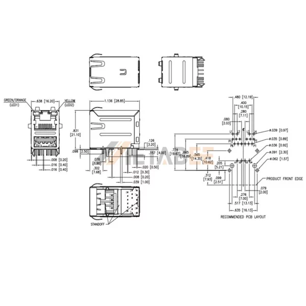 PoE Stacked RJ45 Connector and Single USB Port with Magnetics, USB-A 2.0, 10/100 Base-T, STP, R/A, Green/Orange-Yellow