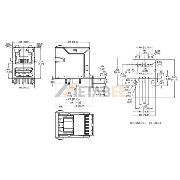 Stacked RJ45 Modular Jack and USB Combo Connector with Magnetics, USB-A 2.0, 10/100 Base-T, STP, R/A, Green/Yellow