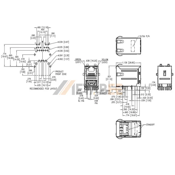 Magnetics PoE RJ45 and Single USB Stacked Combo Jack, USB-A 2.0, 10/100 Base-T, Shielded, R/A, Green/Yellow