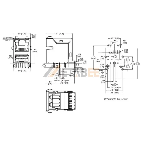 10/100 Base-T Shielded RJ45 and USB Magnetics Ethernet Jack Connector, USB-A 2.0, STP, R/A, Orange/Green-Yellow