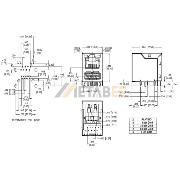 2X1 Port RJ45 & USB 3.0 Combo Connector without Magnetics, Type-A 3.0, Shielded, R/A, Green/Yellow