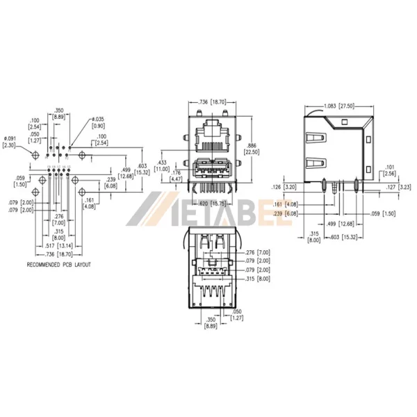 RJ45 USB3.0 Combo Stacked Jack without Magnetics and LEDs, 2X1 Port, Type-A 3.0, Shielded, R/A