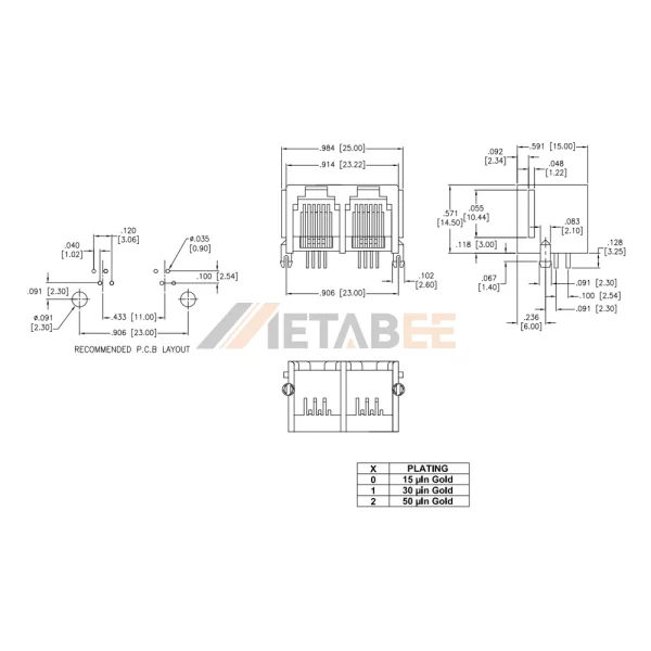 Dual Ports Ganged RJ45 PCB Connector Without LEDs, 1x2 Port, 8P8C, UTP, Tab-Up, THT, Right Angle
