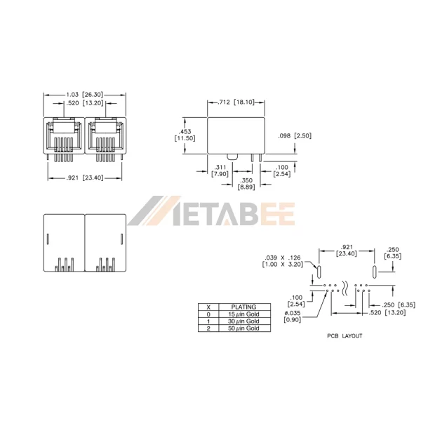 Network Inline RJ45 Female Multi Port Connectors, 1x2 Port, 8P8C, Unshielded, Tab-Up, THT, Right Angle, No LED