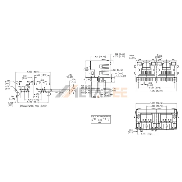 China Ganged Dual Port RJ45 Female Connector, 1 x 2 Port, 8P8C, Shielded, Tab-Up, Right Angle, Green/Green