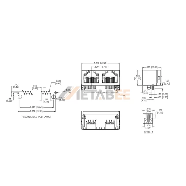 China Multiple Port RJ45 Female Connector, 1 x 2 Port, 8P8C, Shielded, Tab-Up, THT, Right Angle, No LED