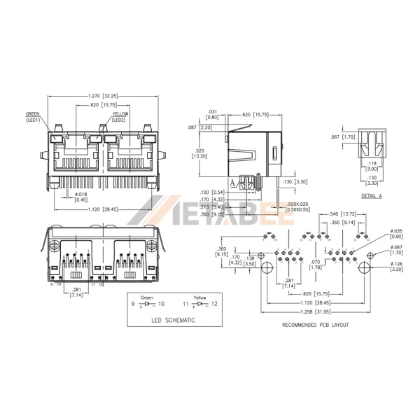 Shielded Ganged Multi-Port RJ45 Jack, 1 x 2 Port, 8P8C, Tab-Up, THT, Right Angle, Green/Yellow