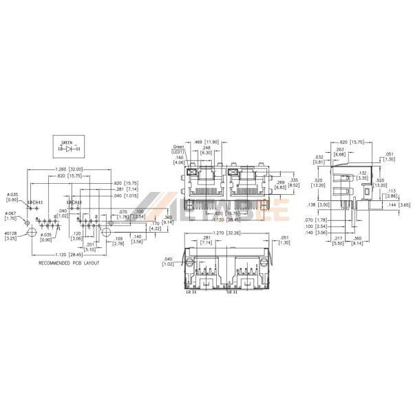 2 Port Ganged RJ45 Ethernet Jack, 8P8C, Shielded, Tab-Up, THT, Right Angle, Green/Blank