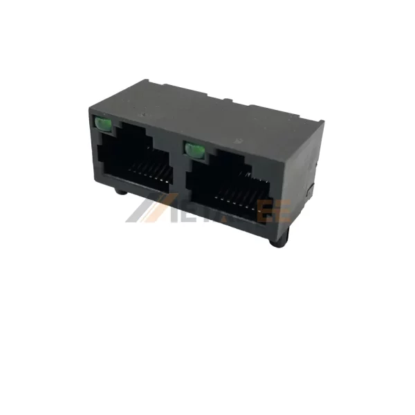 Ganged Dual RJ45 Ethernet Modular Jack, 1x2 Port, 8P8C, UTP, Tab-Up, THT, Right Angle, Green/Blank