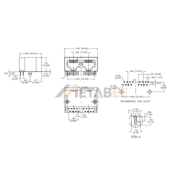 1x2 Port Ganged RJ45 Socket Connectors without LEDs, 8P8C, Unshielded, Tab-Down, Right Angle