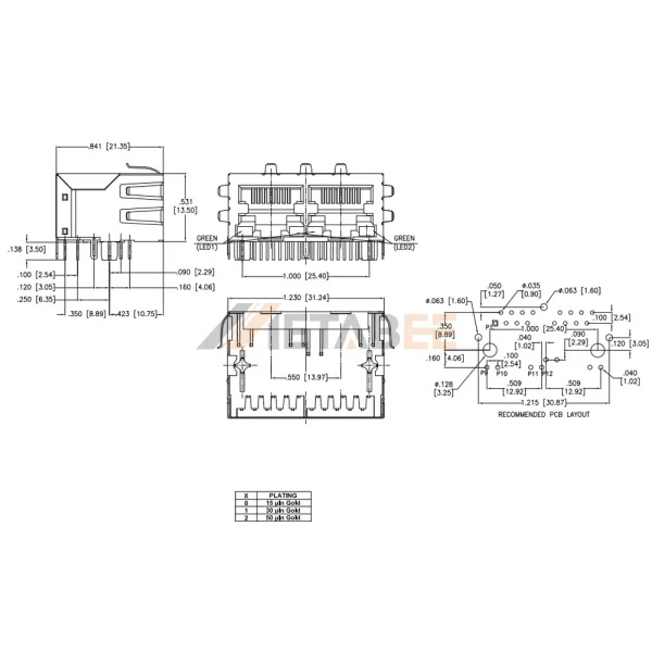 Multiple Ganged RJ45 Sockets Ethernet Connector, 1 x 2 Port, 8P8C, Shielded, Tab-Down, Right Angle, Green/Green