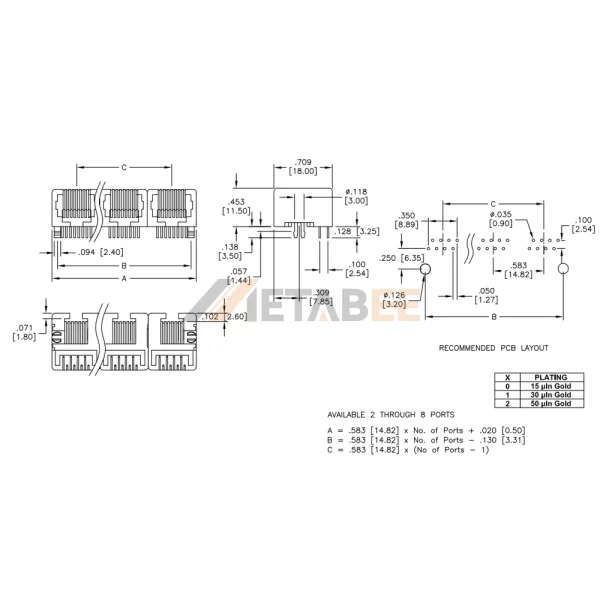 RJ45 Multi Port 1x3 Jack Ethernet Connector, 8P8C, Unshielded, Tab-Down, THT, Right Angle, No LED