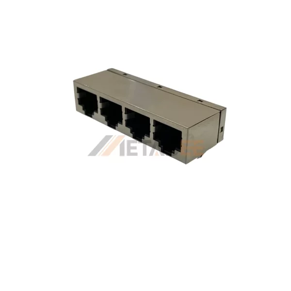 4 Port RJ45 Ganged Ethernet Jack, 8P8C, Shielded, Tab-Down, THT, Right Angle, No LED