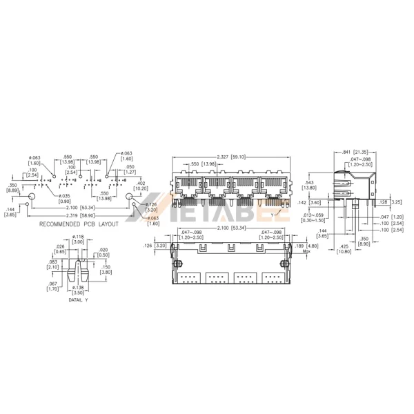 Metal Shielded Multiple RJ45 Sockets, 1x4 Port, Tab-Down, THT, Right Angle, No LED