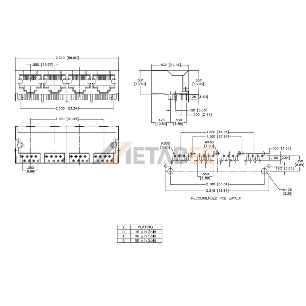 1x4 Multiple Ganged RJ45 Sockets, 8P8C, Unshielded, Tab-Down, THT, Right Angle, No LED