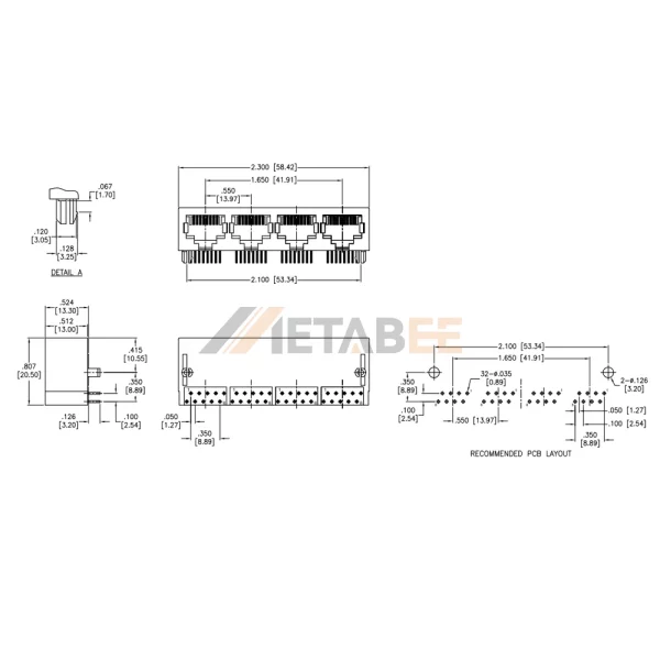 Multi Port RJ45 Connector Female Ethernet Socket, 1x4 Port, UTP, Tab-Down, THT, Right Angle, No LED