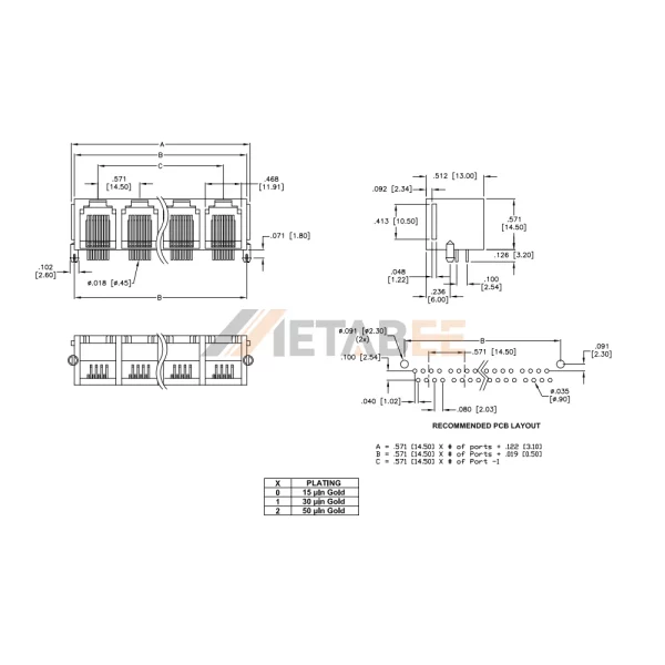 1x2 Dual RJ45 Connector PCB DIP Jack Without LEDs, 8P8C, Unshielded, Tab-Up, THT, Right Angle