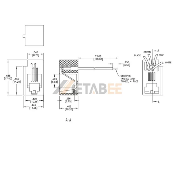 623K4 RJ11 4 Wire Modular Phone Jack, 6P4C, 26 AWG, Panel Mount, Black Housing