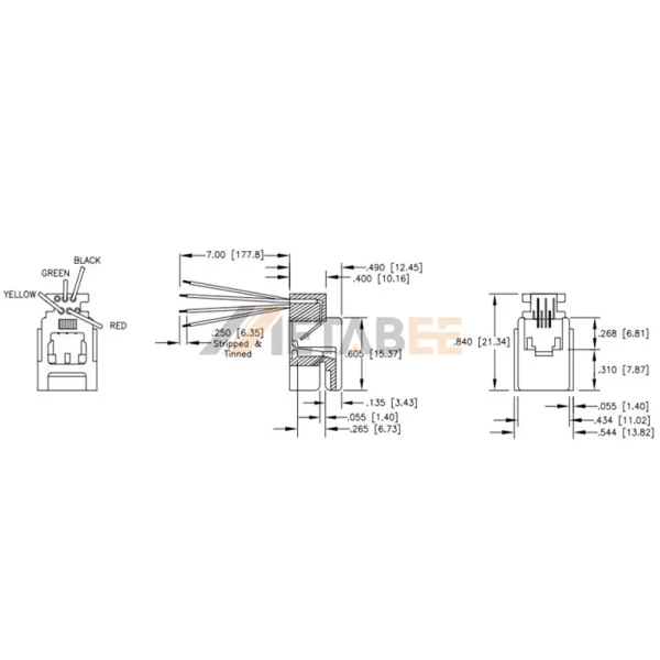 623P4 RJ11 Modular Telephone Wiring Jack, 6P4C, 4 Wire Leads, Panel Mount, Black Housing