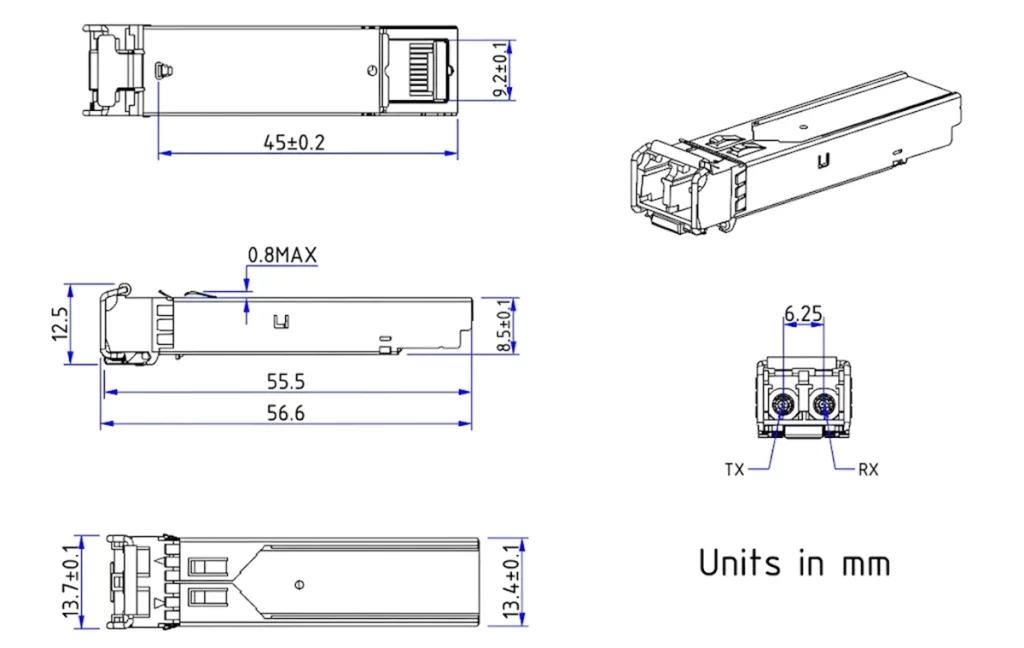 A technical blueprint showing the precise length, width, and height of a standard SFP module in millimeters.