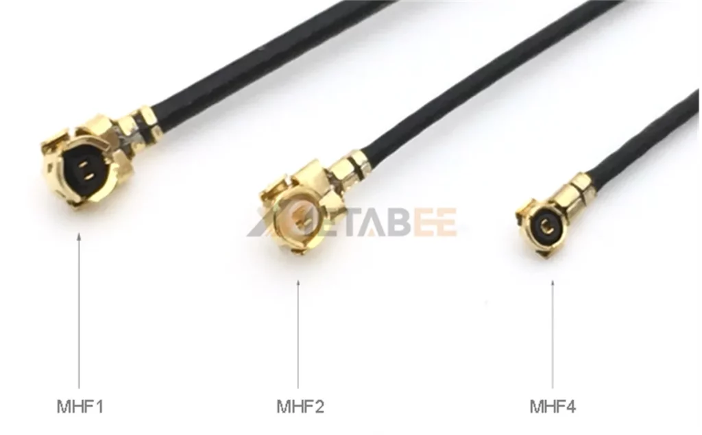 Side-by-side comparison of MHF1, MHF2, and MHF4 connectors showing the significant reduction in size for modern electronics.