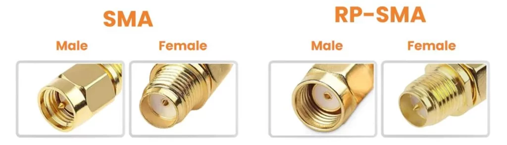 comparison of SMA Male, SMA Female, RP-SMA Male, and RP-SMA Female connectors