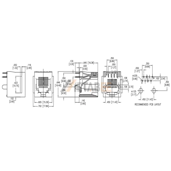 Vertical Unshielded RJ45 Modular Jack Connector, 1 Port, 8P8C, Tab-Down, Through Hole, R/A, No LED
