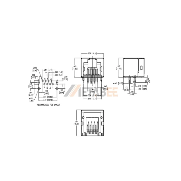 Shielded 8P8C RJ45 Connector Modular Socket, 1 Port, Tab-Up, Through Hole, R/A, No LED