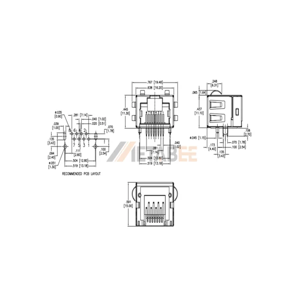 Shielded 8P8C RJ45 Connector Modular Socket, 1 Port, Tab-Up, Through Hole, R/A, No LED