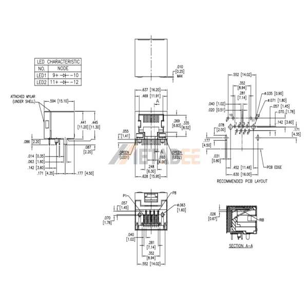 Shielded RJ45 Socket Female Connector with LEDs, 8P8C, 1 Port, Tab-Down, Through Hole, R/A