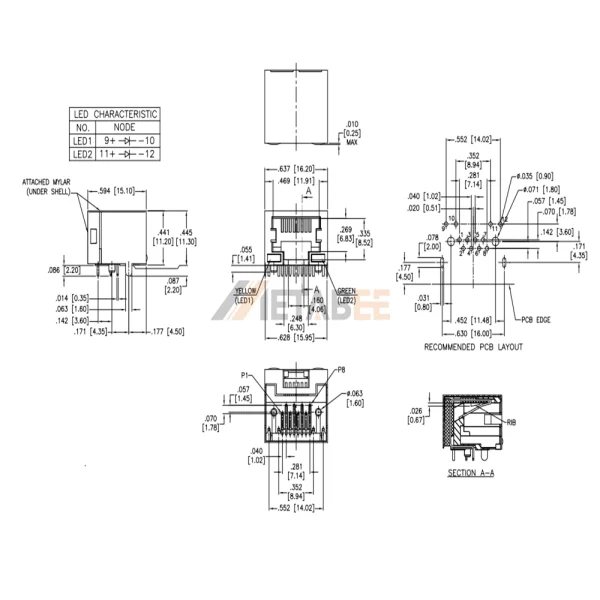 Shielded RJ45 Socket Female Connector with LEDs, 8P8C, 1 Port, Tab-Down, Through Hole, R/A